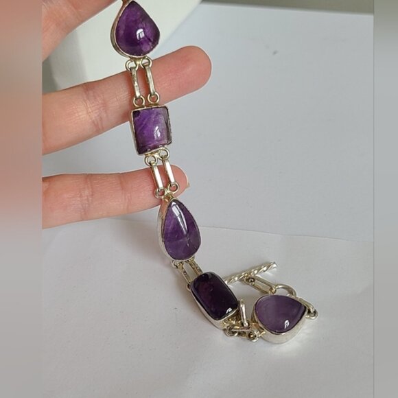 Vintage Boho Purple Amethyst Gemstone Chunky Sterling Silver Chain Bracelet - Picture 2 of 9